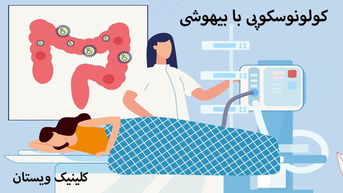 کولونوسکوپی با بیهوشی تصویری انیمیشنی از یک پزشک و بیمار و در حال عمل کولونوسکوپی