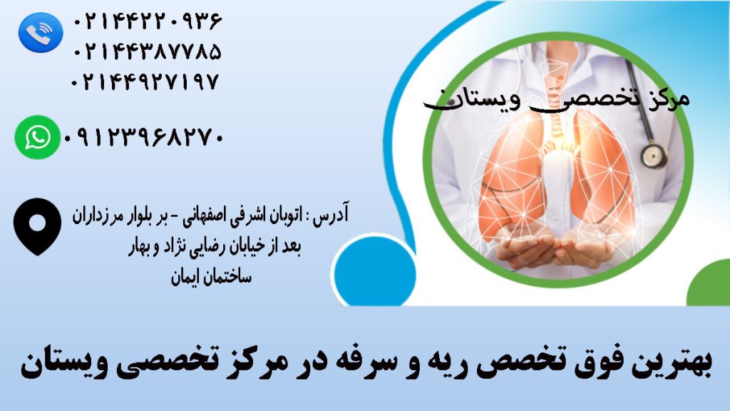 یک ریه در پس زمینه دایره آدرس و شماره تلفن کلینیک ویستان