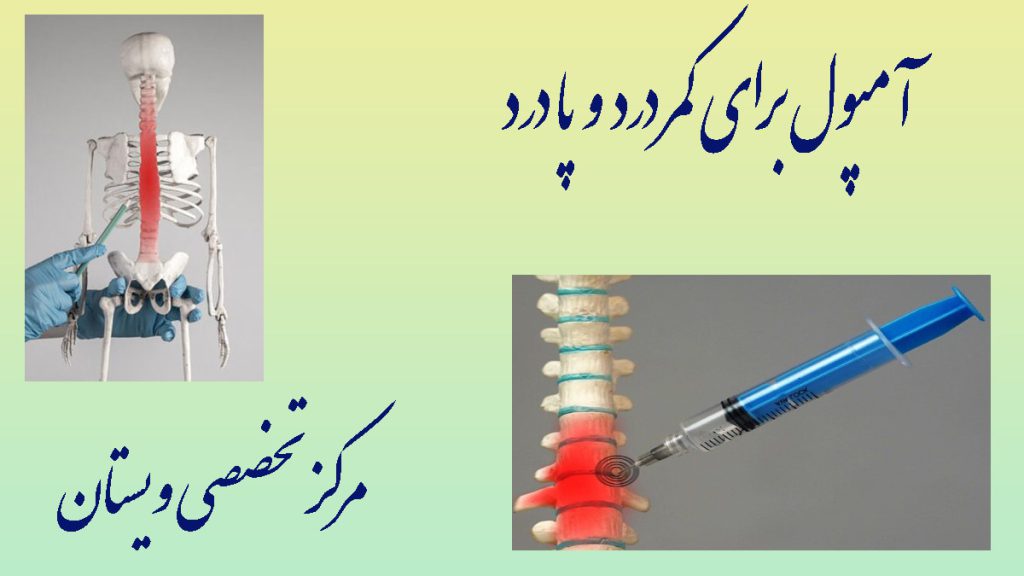 آمپول برای کمردرد یک اسکلت انسان و یک ستون فقرات و آمپول در حال تزریق به آن