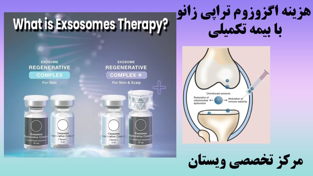 چند آمپول در کنار یک تصویر کوچک از زانوی بیمار-نوشته :هزینه اگزوزوم تراپی زانو با بیمه تکمیلی