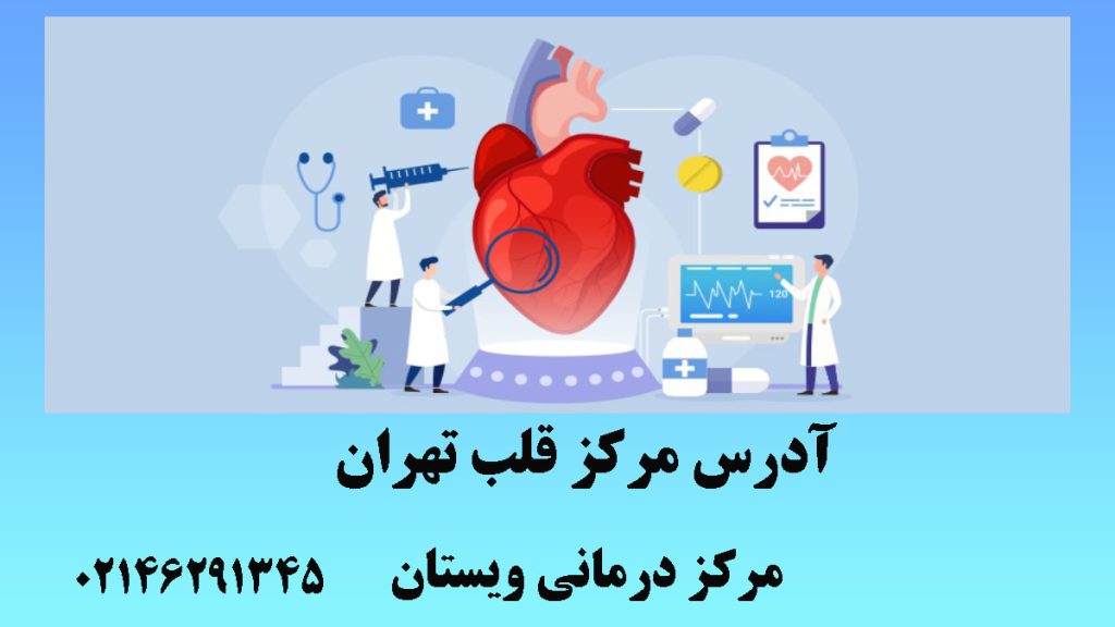 قلب ، چند پزشک ،گوشی پزشکی و دارو در یک پس زمینه -تصویر انیمیشنی -نوشته :آدرس مرکز قلب تهران