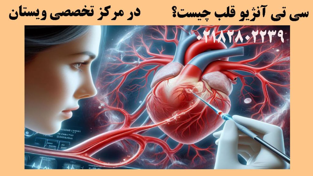 تصویر دیجیتالی از یک خانم در کنار قلب و رگهای آن- نوشته :آیا آنژیو قلب خطرناک است؟
