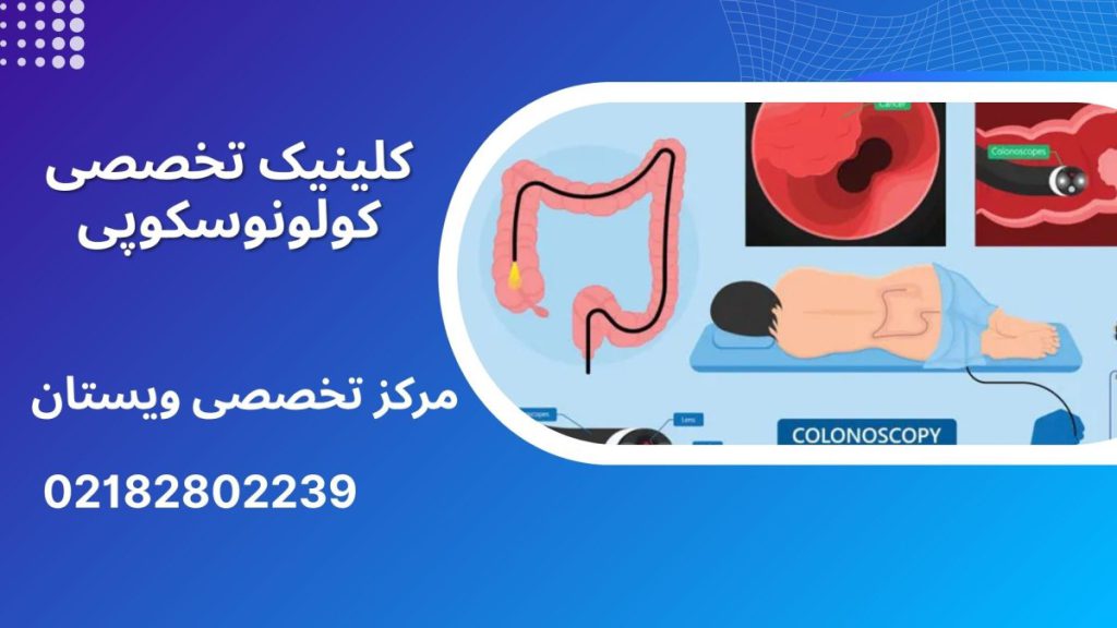 کلینیک تخصصی کولونوسکوپی تصویر انیمیشنی از یک شخص که روی تخت دراز کشیده و در حال انجام کولونوسکوپی است
