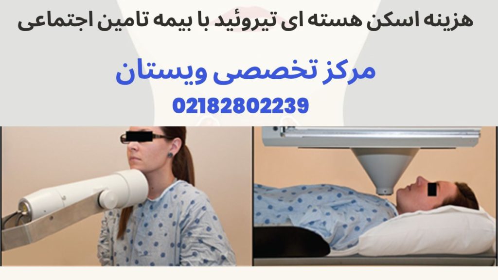 دو تصویر از یک خانم در حال انجام اسکن تیورئید- نوشته : هزینه اسکن هسته ای تیروئید با دفترچه تامین اجتماعی