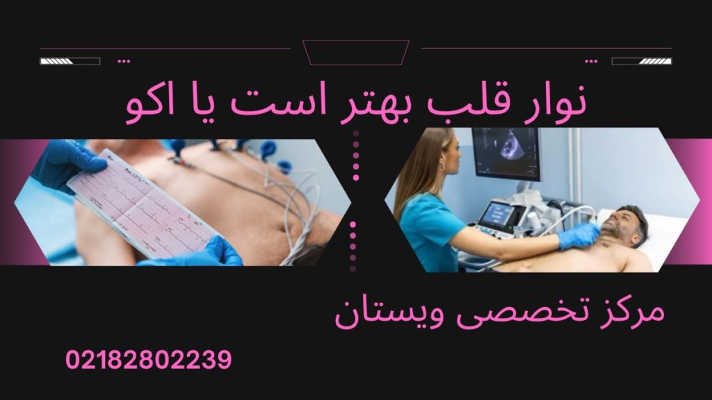 دو تصویر از پزشک در حال انجام نوار قلب و اکو قلب برای بیمار